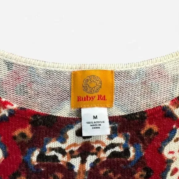 Burgundy and Red Tapestry Short Sleeve Knit Top with Bottom Hem Fringe - Picture 2 of 8